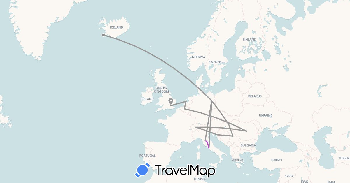 TravelMap itinerary: driving, plane, train in Belgium, Germany, United Kingdom, Croatia, Hungary, Iceland, Italy, Netherlands, Romania, Serbia (Europe)